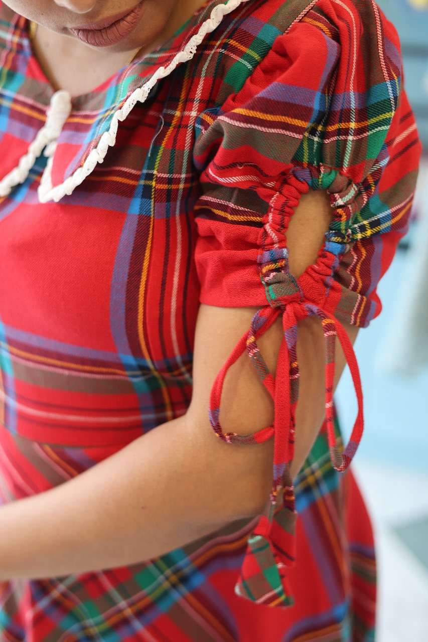 Red Check Peter Pan Collared Midi Dress | Designer Maternity Wear | Feeding Friendly Dress | Comfortable Pregnancy Outfit|MK-MW-1071