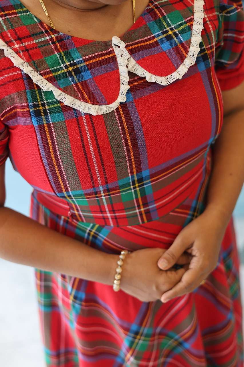 Red Check Peter Pan Collared Midi Dress | Designer Maternity Wear | Feeding Friendly Dress | Comfortable Pregnancy Outfit|MK-MW-1071