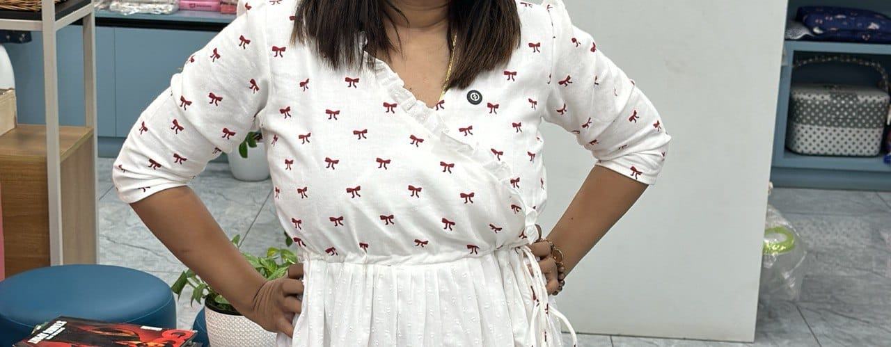 WHITE BUTTA DRESS WITH RIBBON PRINT MATERIAL- MATERNITY DRESS|  MK-MW-1118