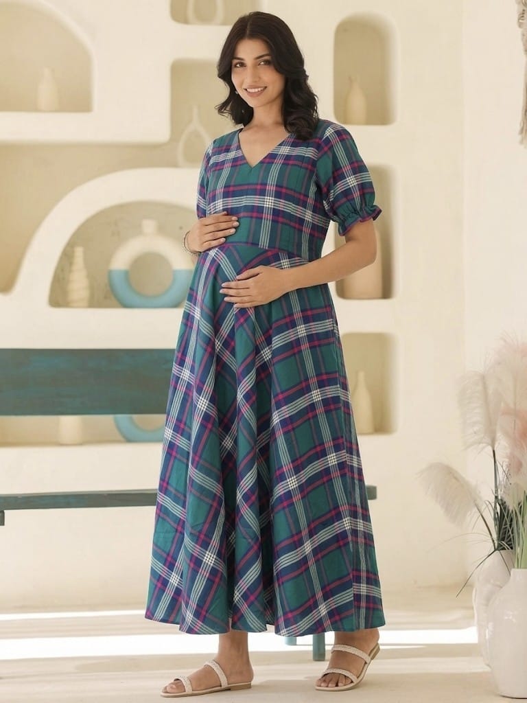 GREEN CHECK MATERNITY DRESS |MK-MW-1083