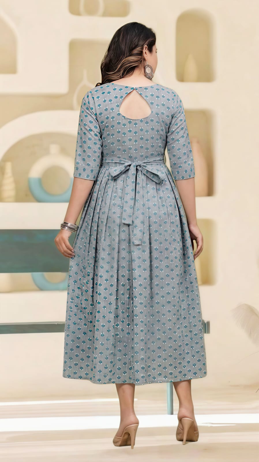 KANTHA COTTON BOX PLEATED MATERNITY DRESS |MK-MW-1082