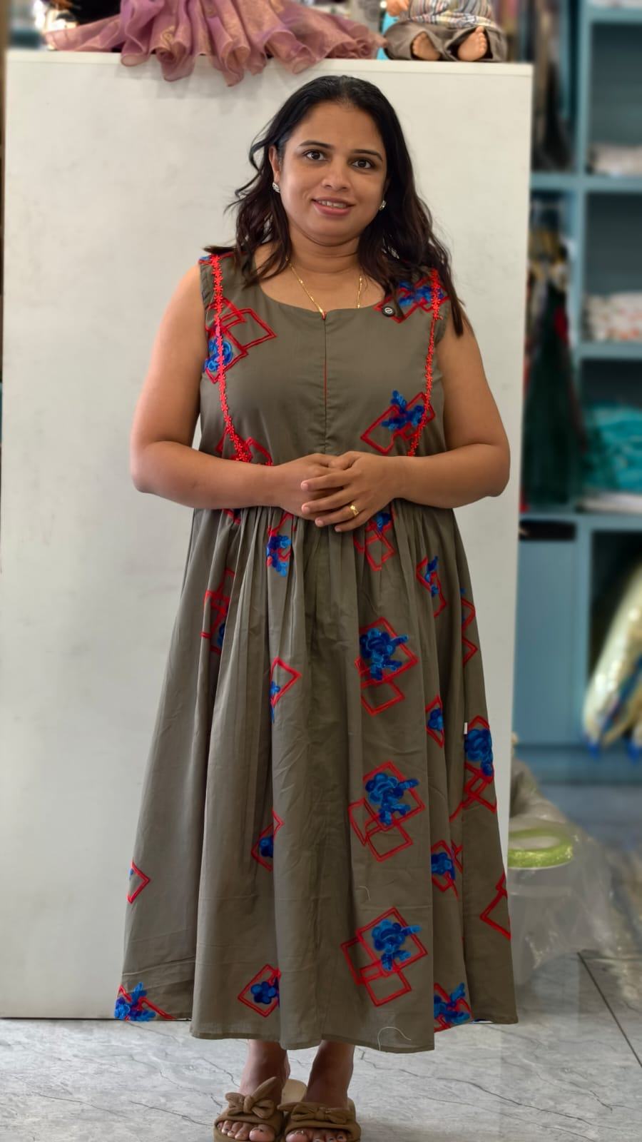 OLIVE GRREN EMBROIDERY MATERNITY DRESS |MK-MW-1086