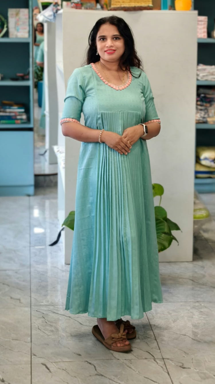 Aqua Blue Pleated Maternity & Feeding Dress MK-IN-672