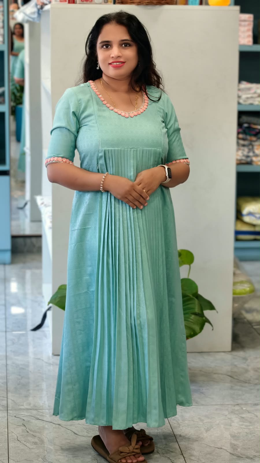 Aqua Blue Pleated Maternity & Feeding Dress MK-IN-672