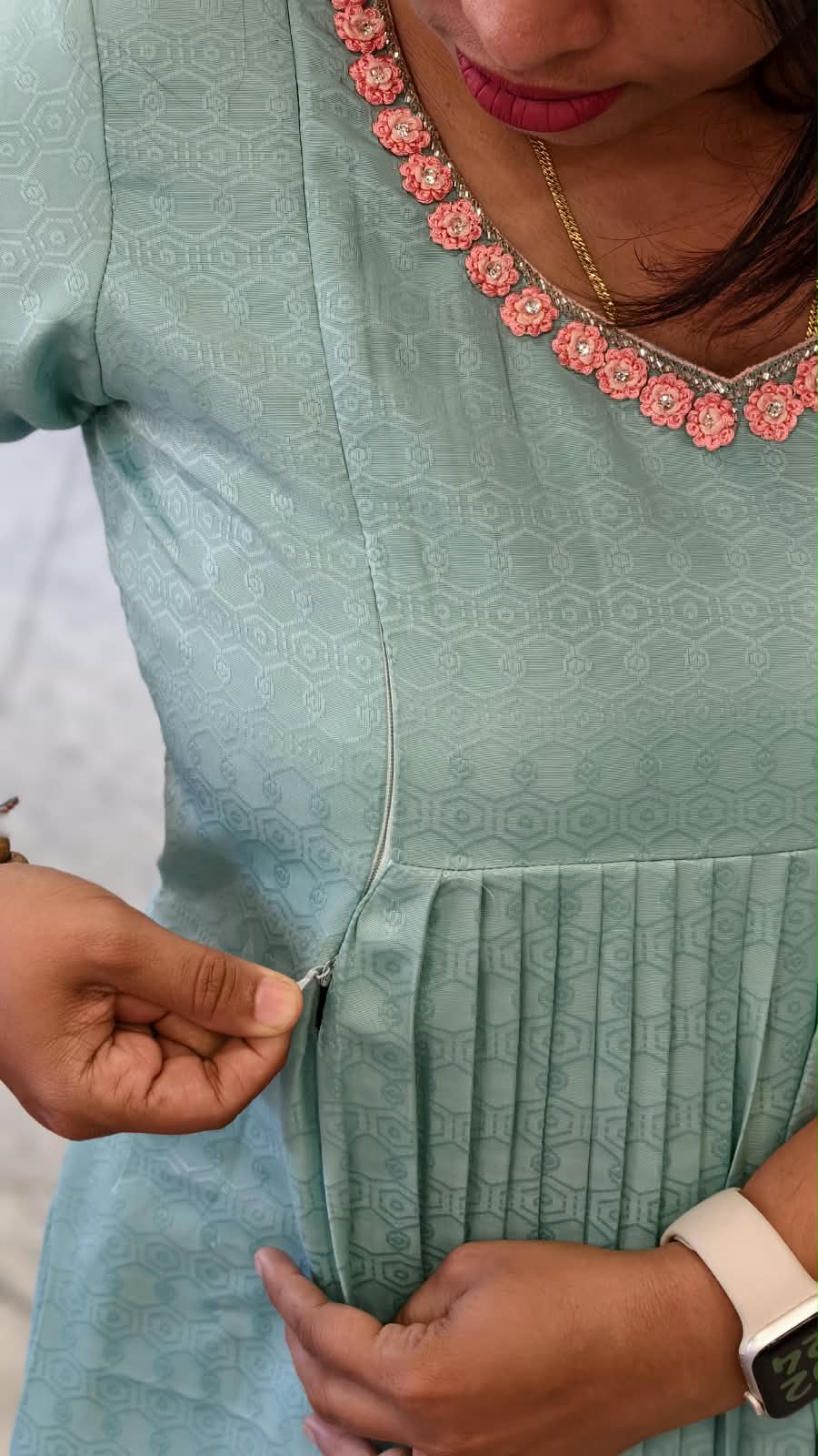 Aqua Blue Pleated Maternity & Feeding Dress MK-IN-672