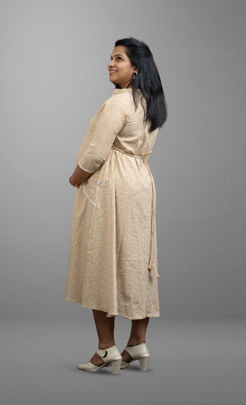 Mustard Yellow circle print cotton full open dress | MK-MW-1028