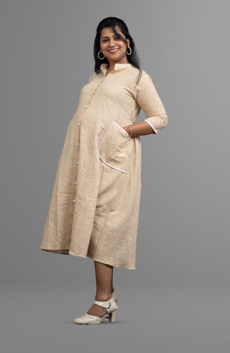 Mustard Yellow circle print cotton full open dress | MK-MW-1028