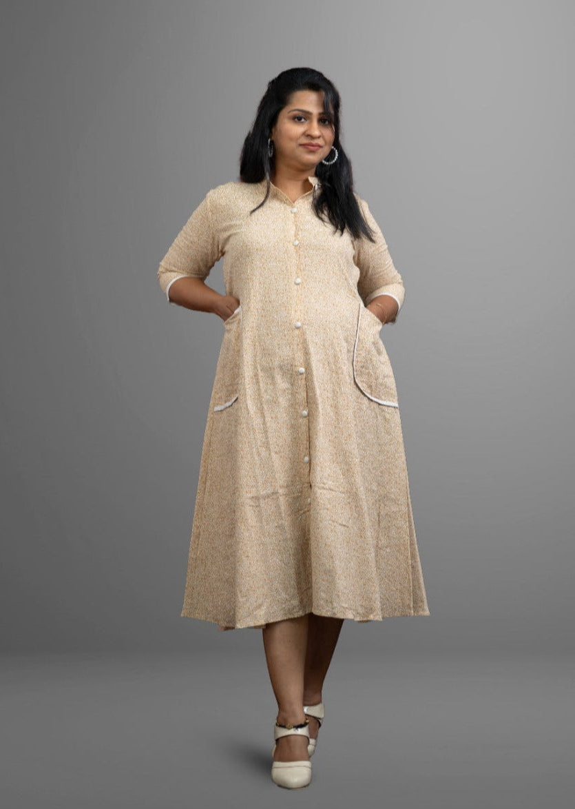 Mustard Yellow circle white print cotton full open dress