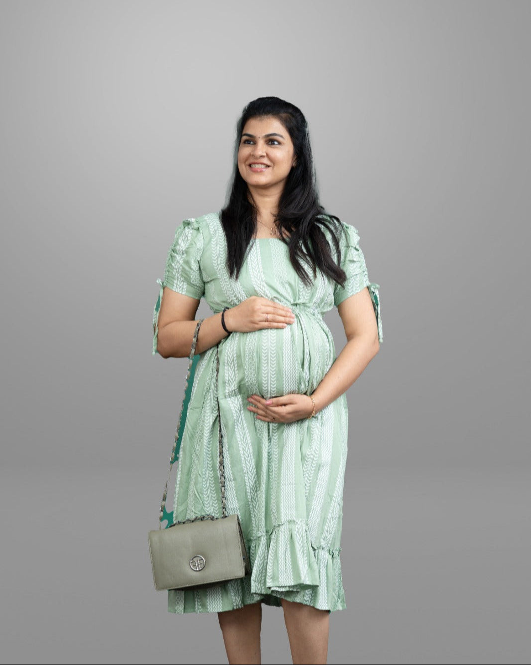 Pastel green white printed dress with adjustable waist band