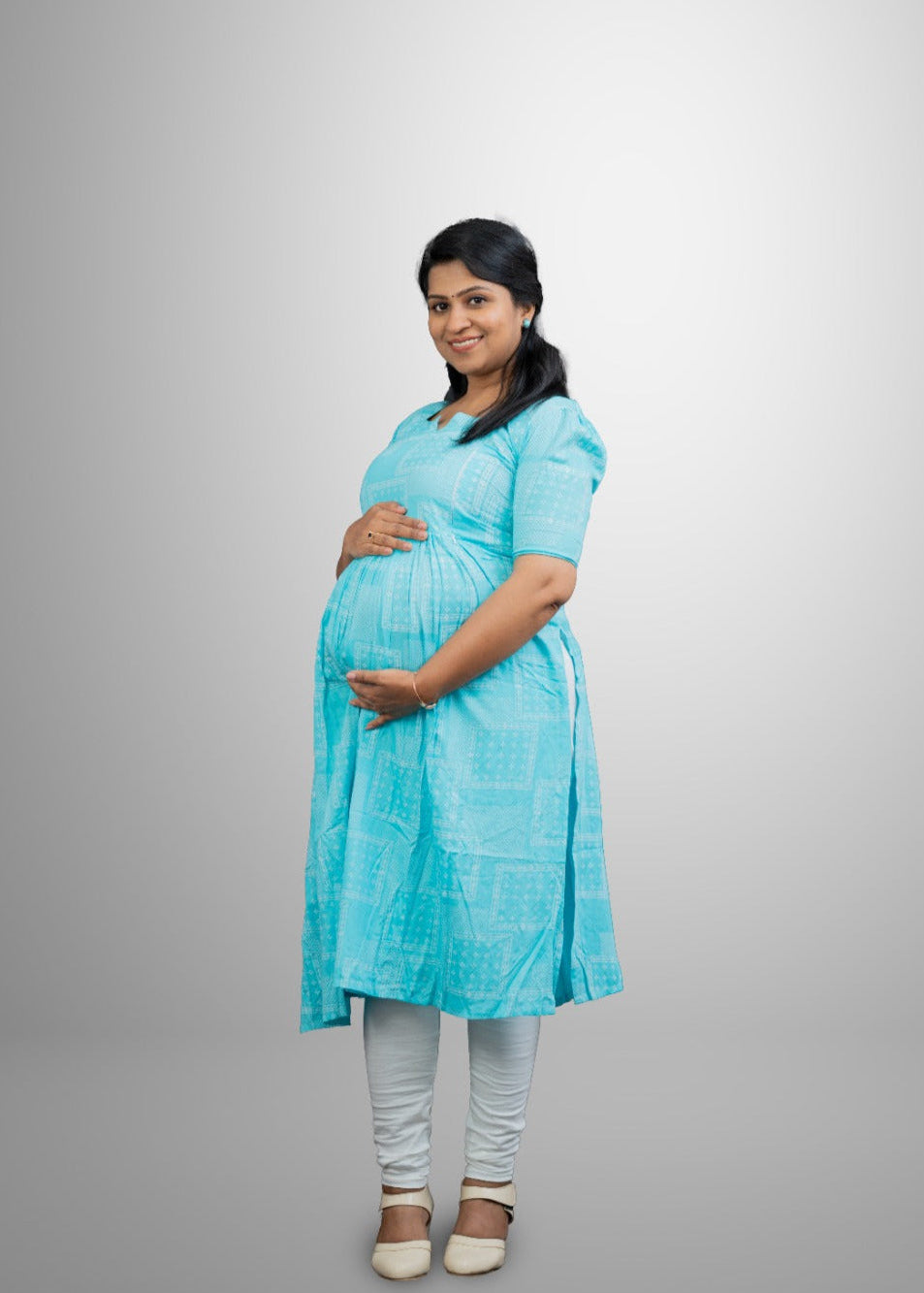 Cyan colour square print rayon kurti with slit and pocket