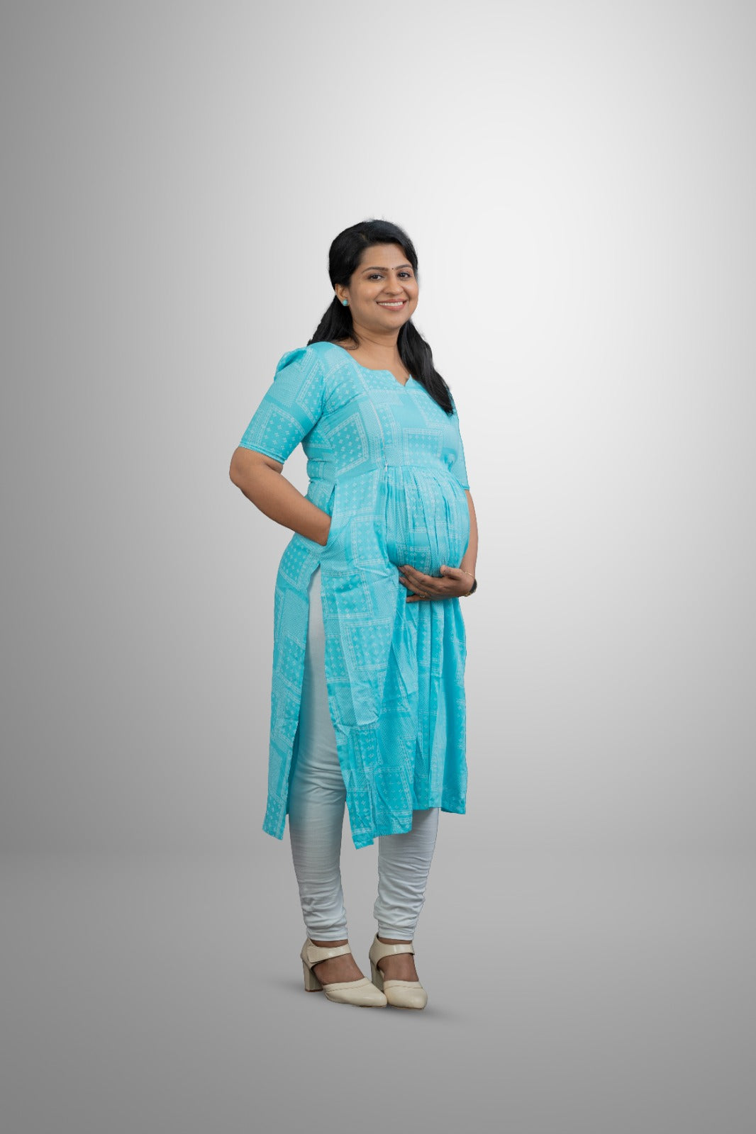 Cyan colour square print rayon kurti with slit and pocket | MK-MW-1034