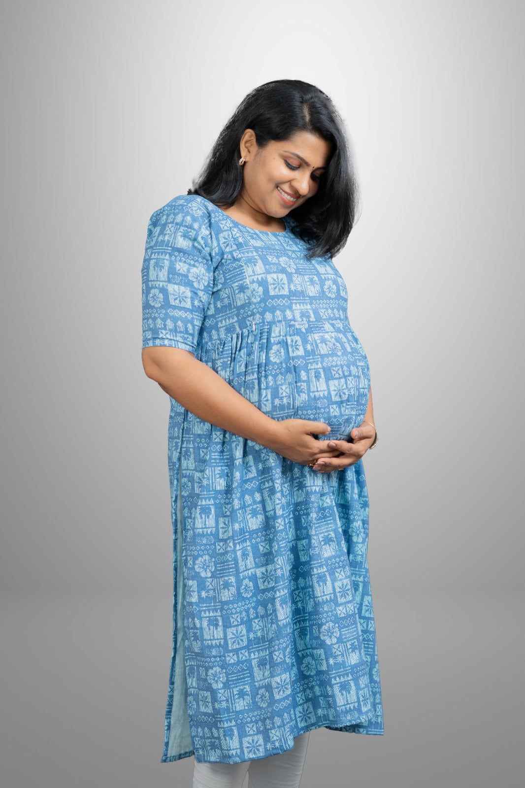 Blue block print cotton kurthi with slit | MK-MW-1032