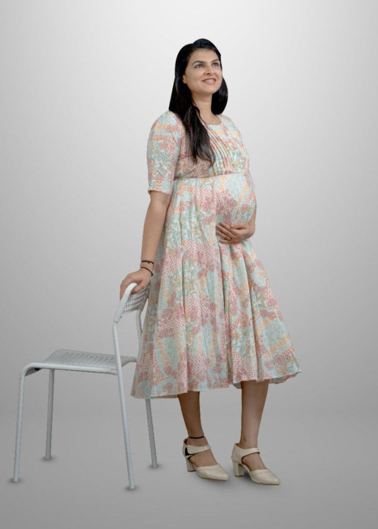 Soft Dobby Cotton Floral Frock With Designer Yoke