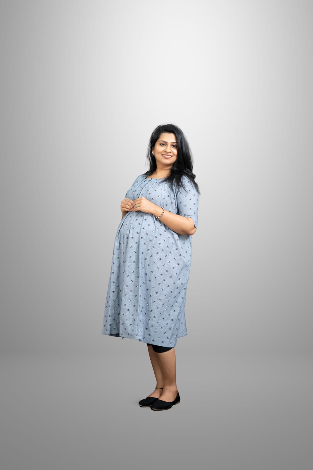 Completely pleated cotton gray colour helicopter print dress with center zipper | MK-MW-1029