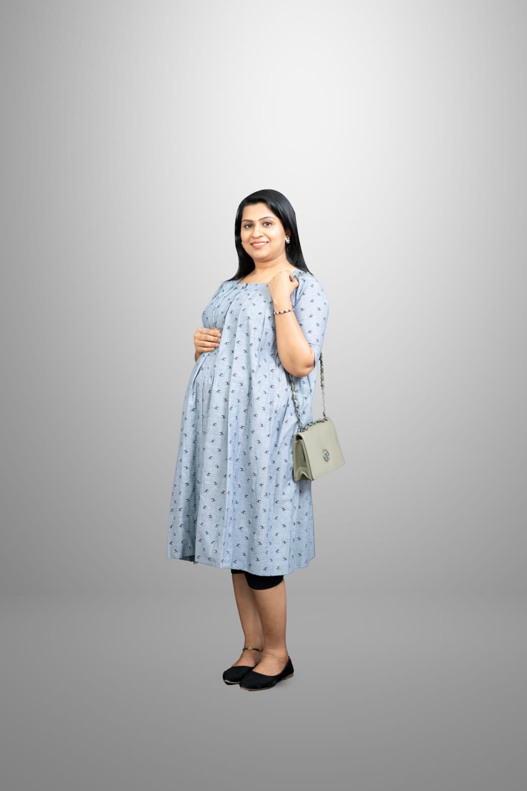 Completely pleated cotton gray colour helicopter print dress with center zipper | MK-MW-1029
