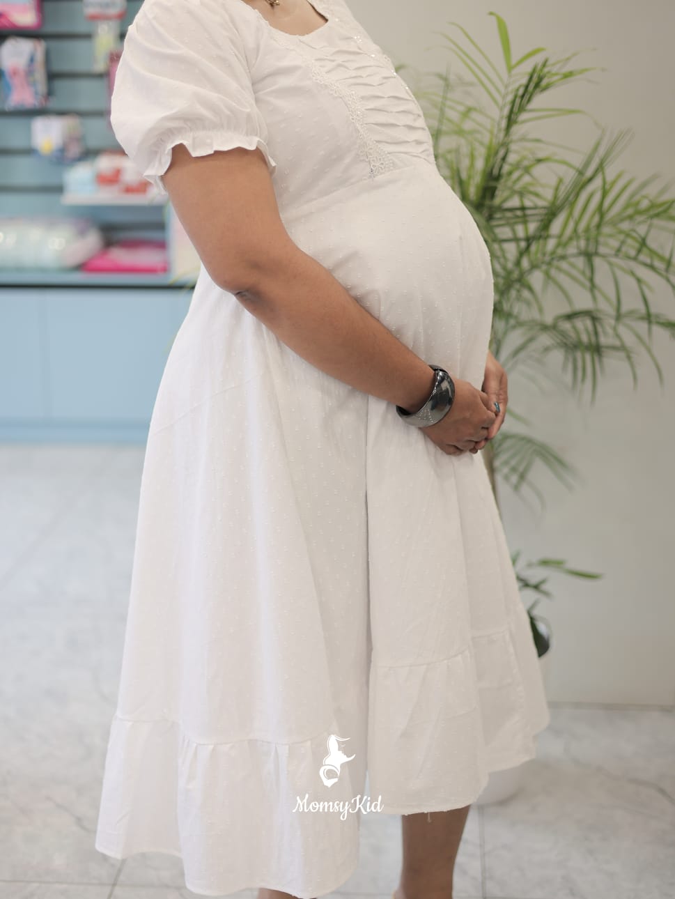 WHITE BUTTA COTTON MIDI LENGTH MATERNITY DRESS WITH RUFFLED PUFF | MK-MW-1057