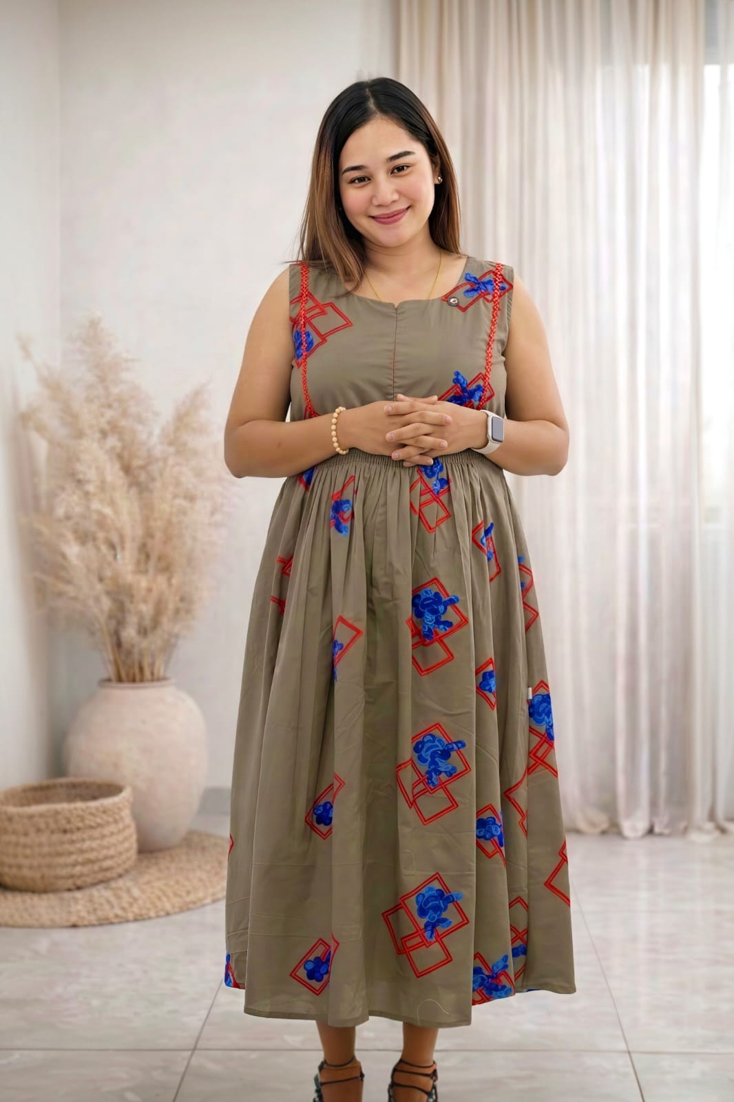 OLIVE GRREN EMBROIDERY MATERNITY DRESS |MK-MW-1086