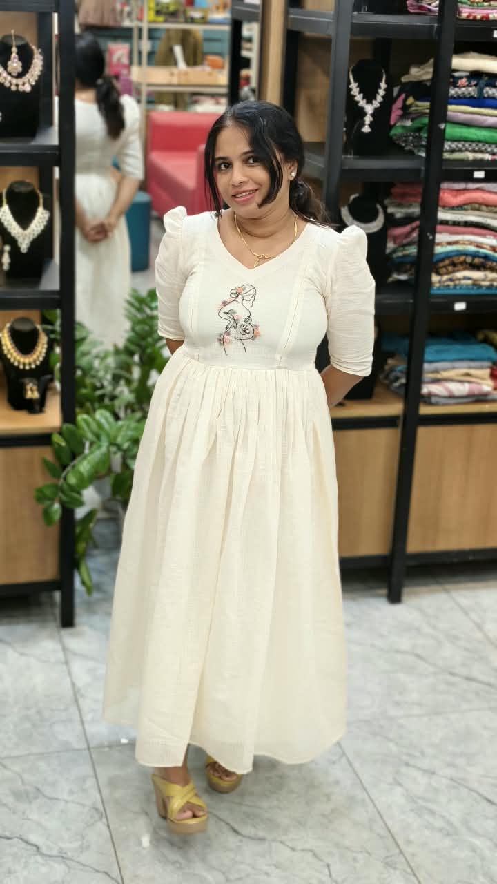 Ivory Embroidered Maternity & Feeding Function Dress MK-IN-696