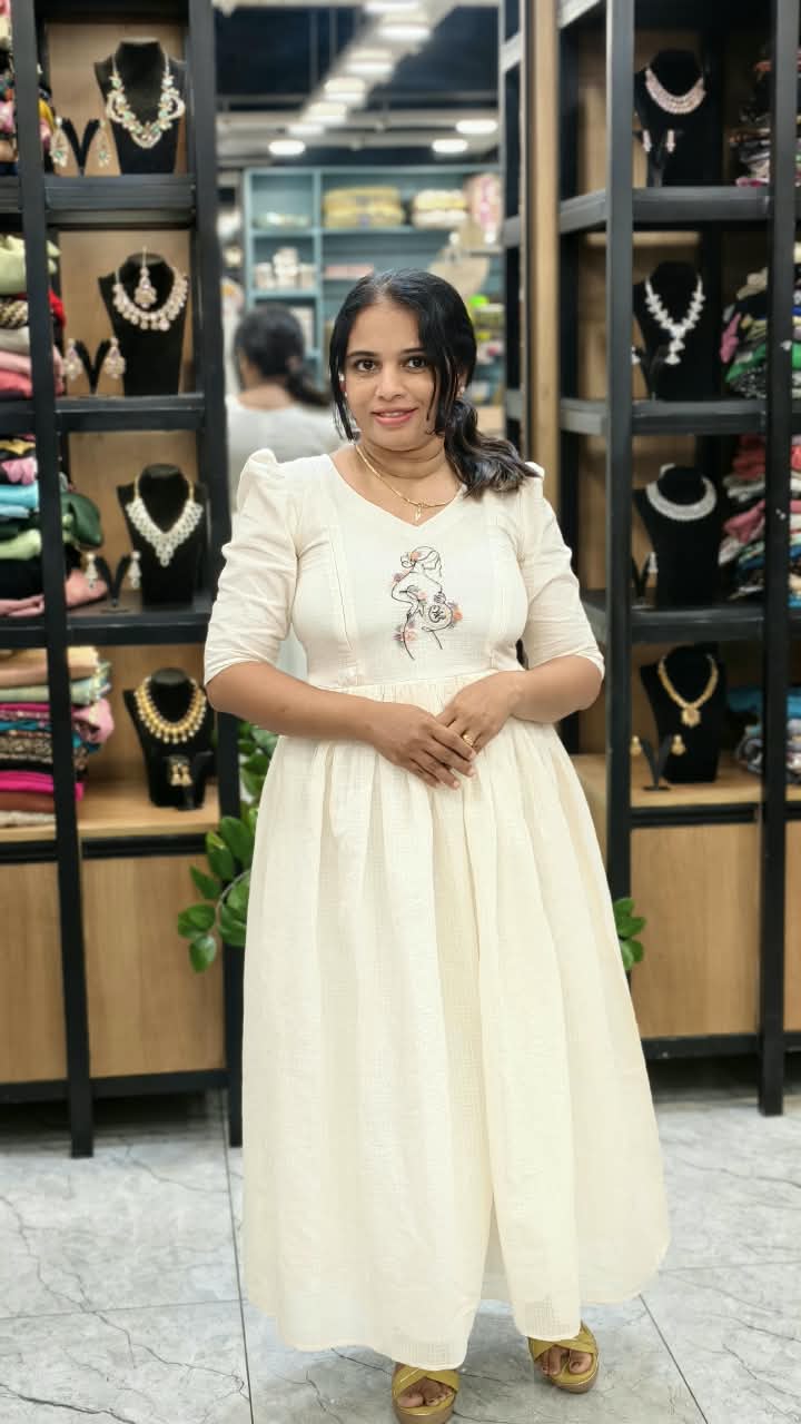 Ivory Embroidered Maternity & Feeding Function Dress MK-IN-696
