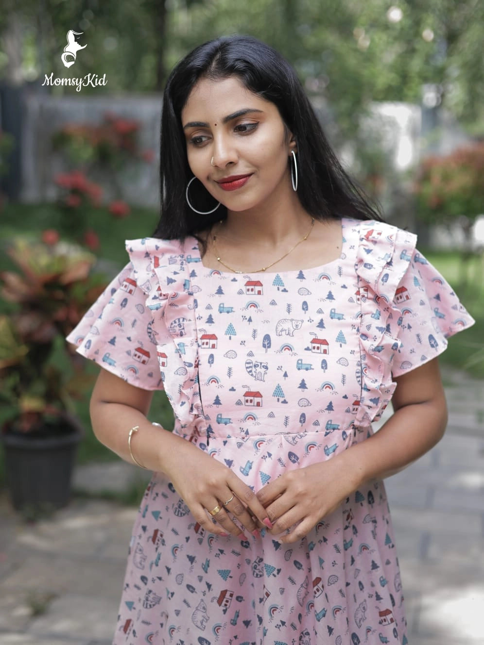 comfortable-maternity-pink-butterfly-dress-with-zipper-openings