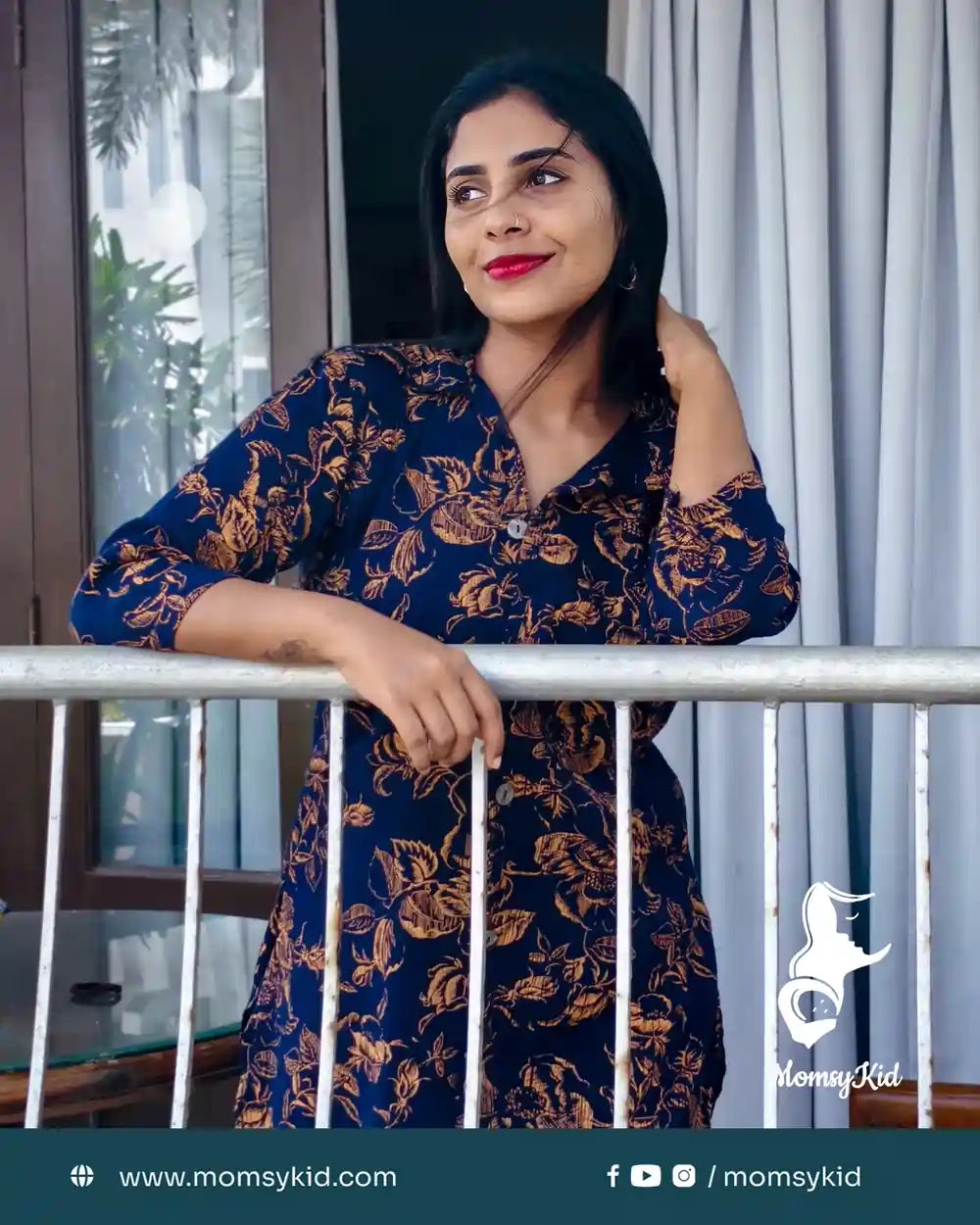 comfortable-navy-blue-long-kurti-with-copper-floral-design