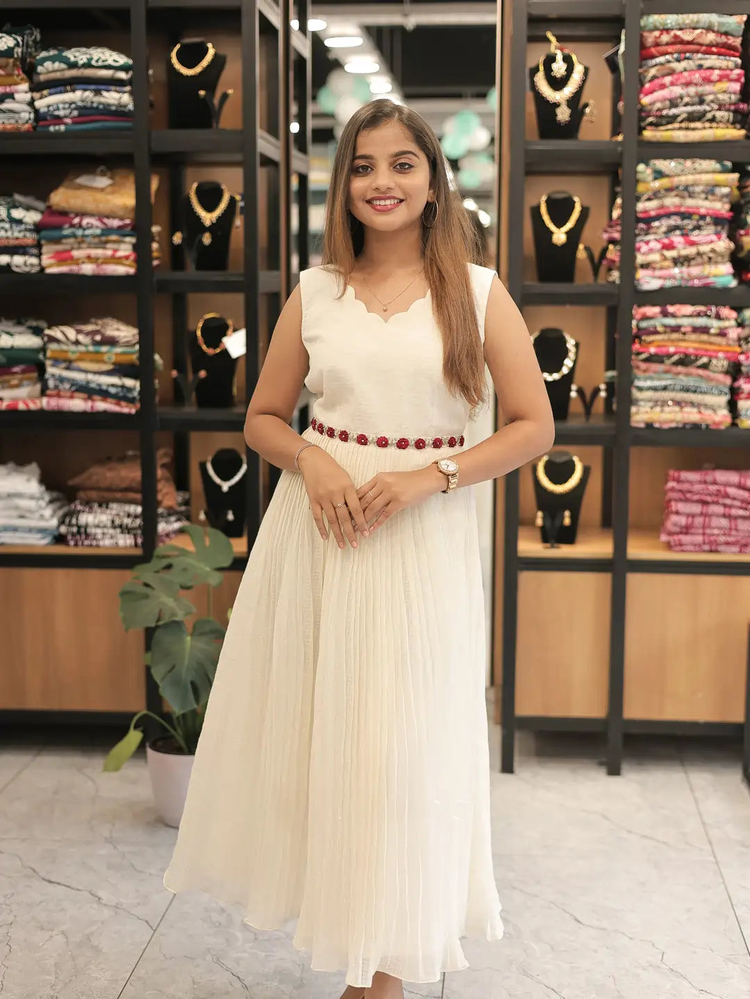 elegant-sleeveless-midi-dress-for-women-in-kota-fabric-with-handworked-flowers