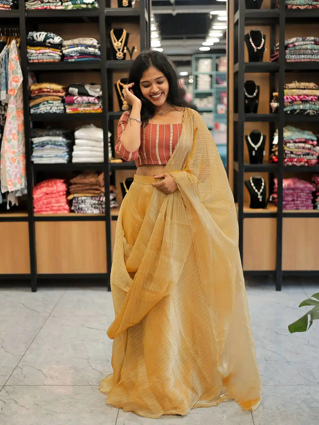 golden-yellow-dhavani-set-traditional-organza-top-umbrella-skirt-with-shawl