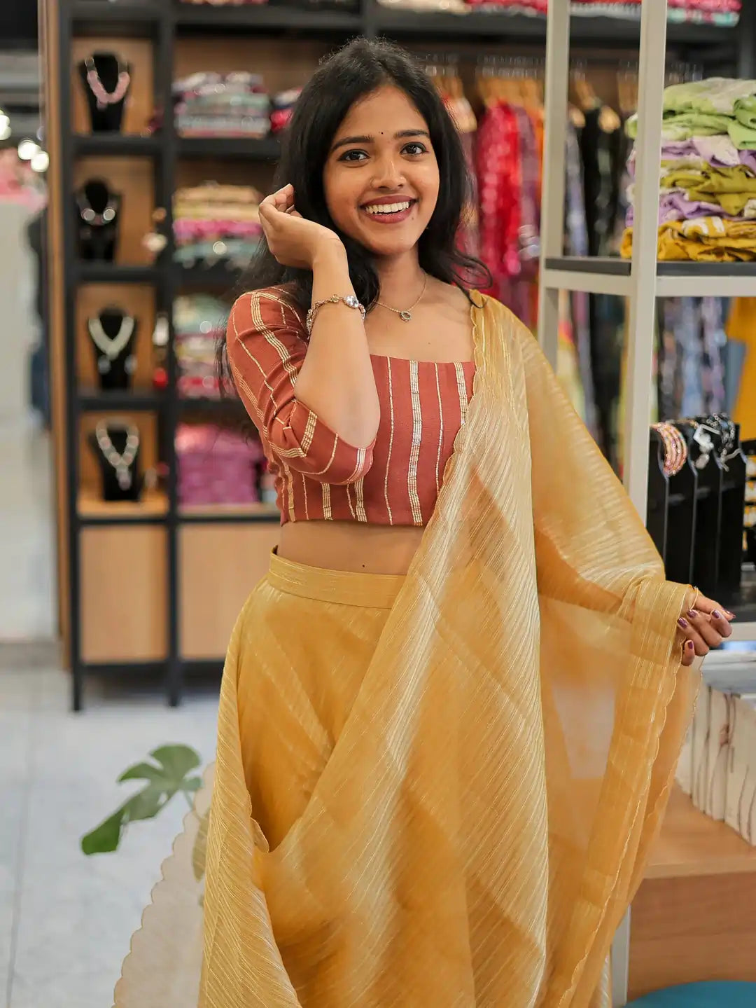 golden-yellow-organza-dhavani-set-with-crop-top