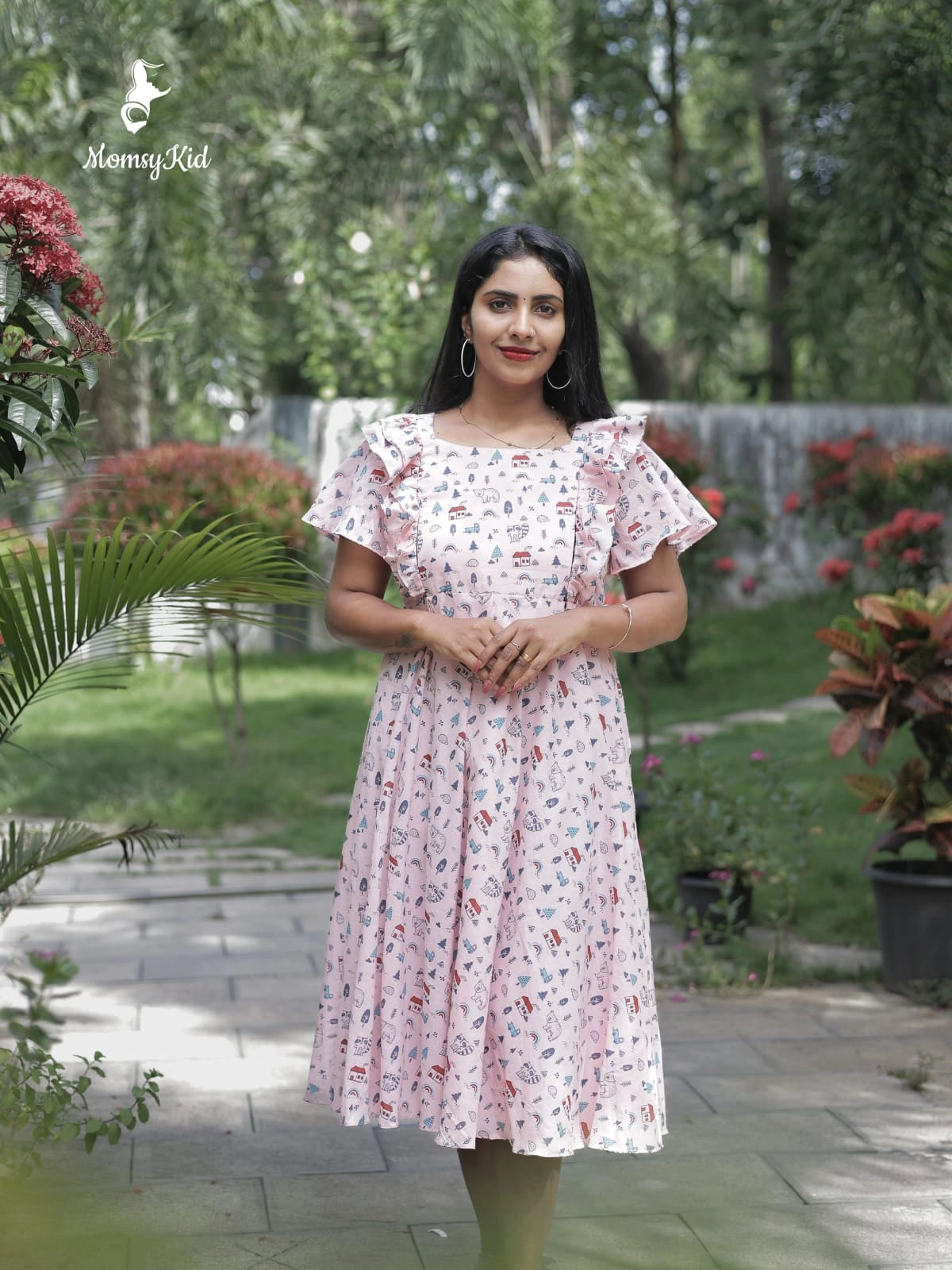 maternity-pink-butterfly-dress-for-women-with-feeding-zippers