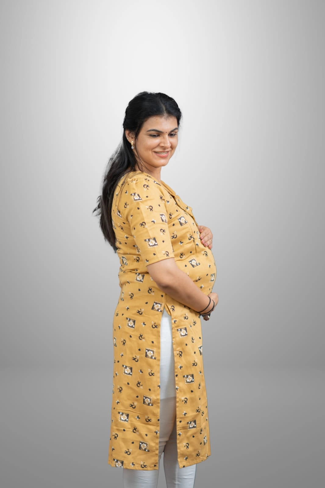 premium-cotton-mustard-maternity-kurti-with-half-sleeves-and-fly-collar