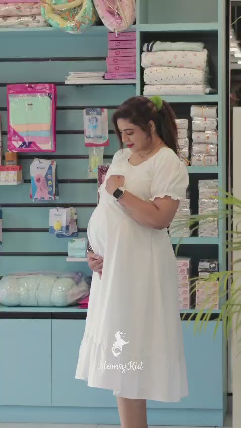 WHITE BUTTA COTTON MIDI LENGTH MATERNITY DRESS WITH RUFFLED PUFF | MK-MW-1057
