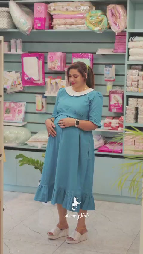 TEAL BLUE BUTTA COTTON MIDI LENGTH DRESS WITH PETER PAN COLLAR |MK-MW-1007