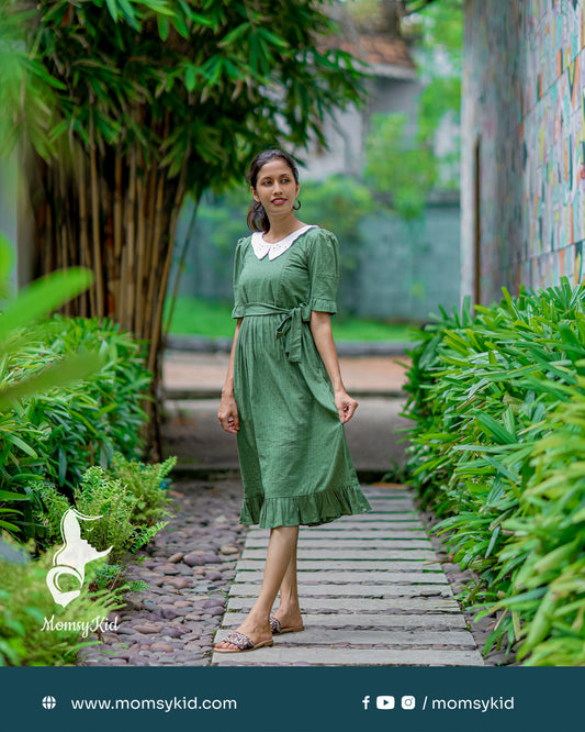 Olive Green Butta Cotton with Hacoba Peter Pan Collar