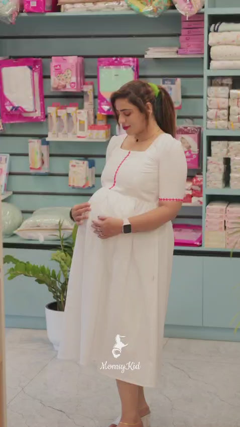 WHITE MATERNITY MIDI DRESS WITH LACE DETAILING | MK-MW-1061