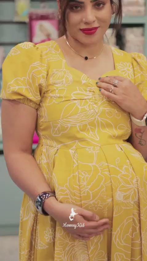 LIME YELLOW FLORAL MATERNITY DRESS WITH BOX PLEAT | MK-MW-1058