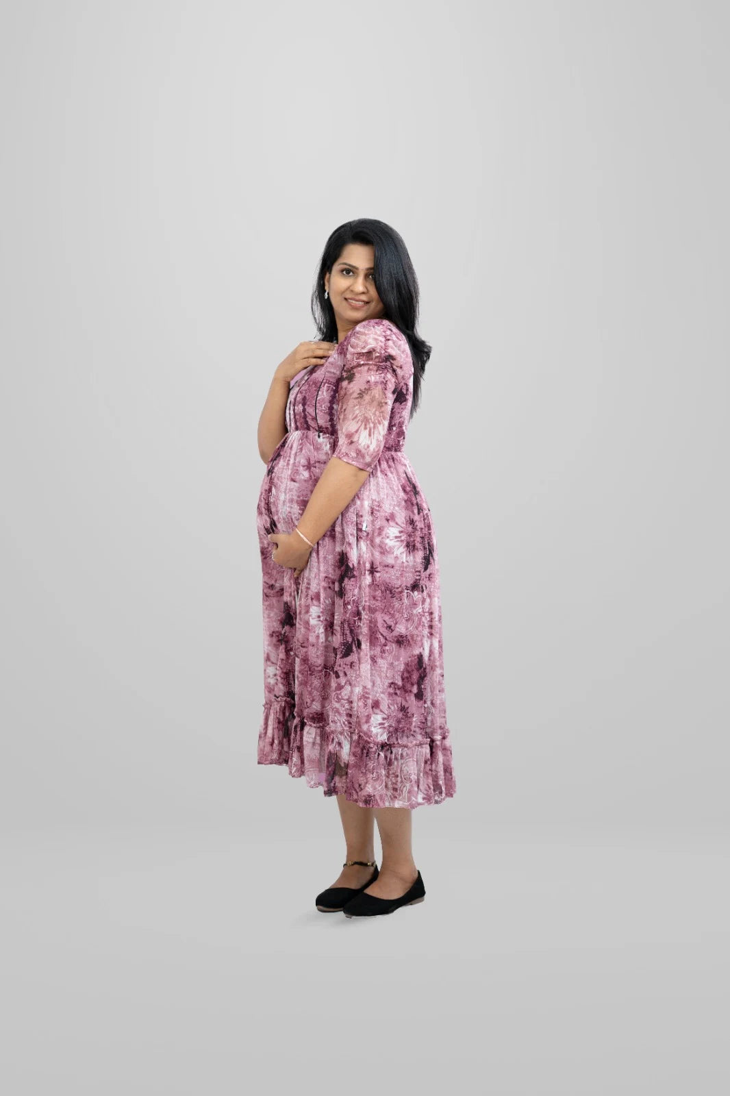 purple-net-midi-maternity-dress-with-lace-puff-sleeves-and-zipper-access