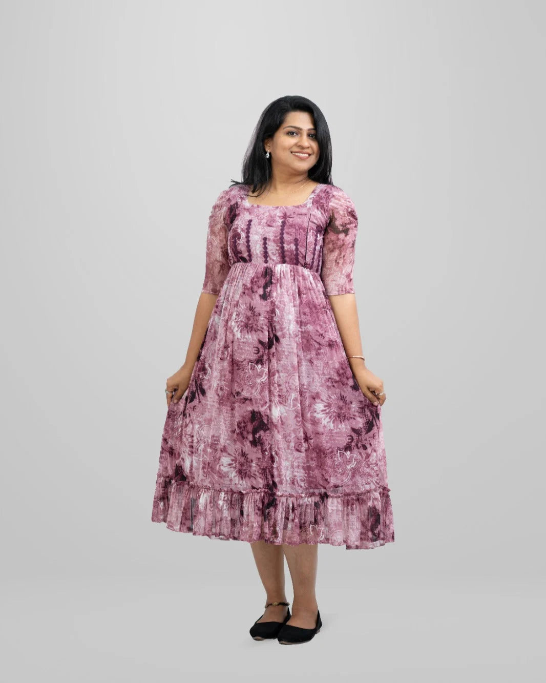 purple-net-midi-pregnancy-dress-with-puff-sleeves-and-cotton-lining
