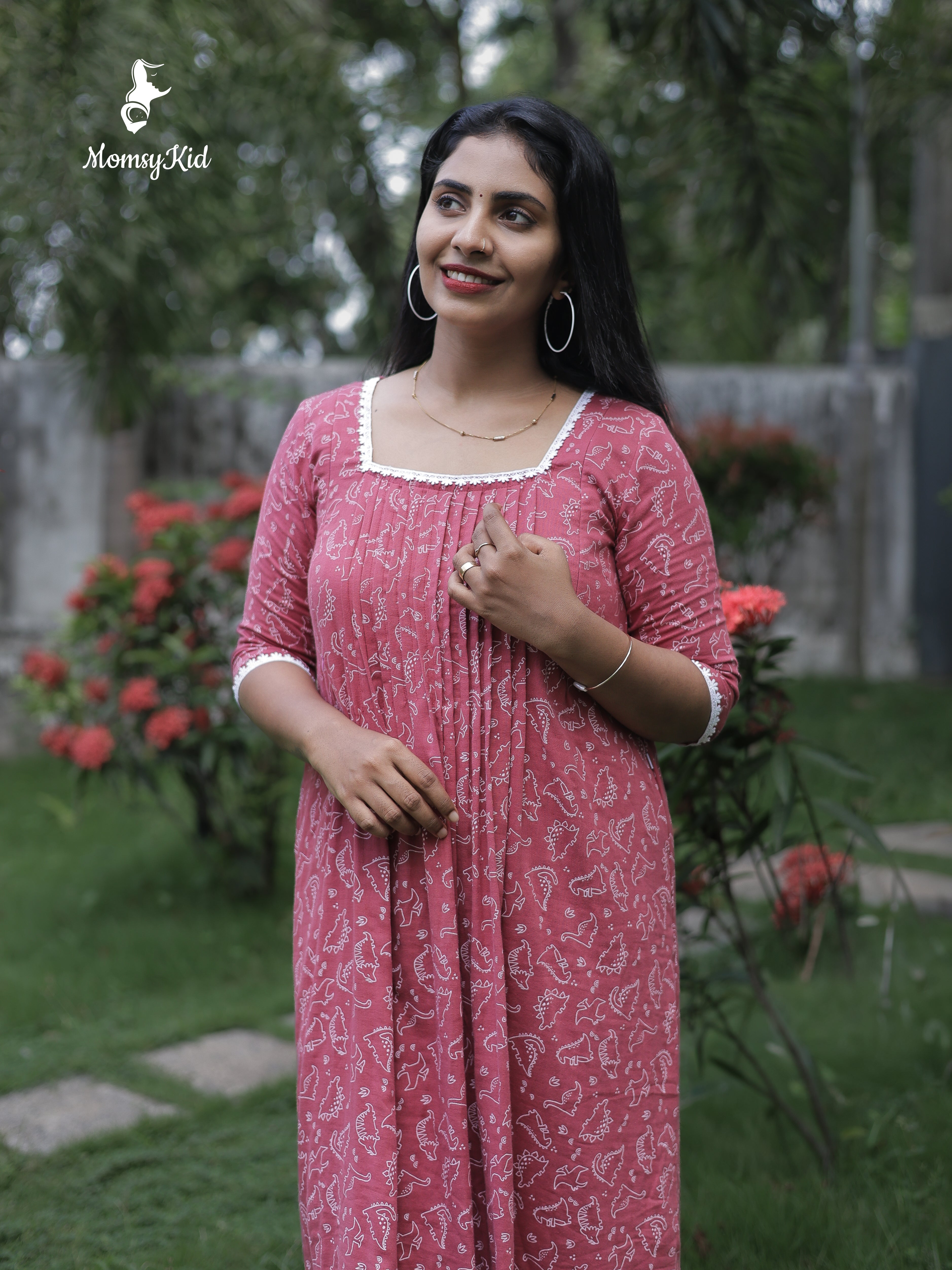 Dinoser print laced dress in soft muslin fabric With Concealed Zipper On Both Sides