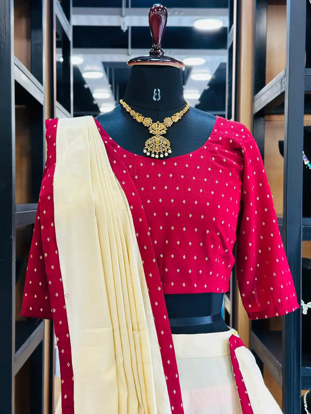 tissue-dhavani-set-for-women-in-maroon-color-with-golden-butta-and-elegant-shawl
