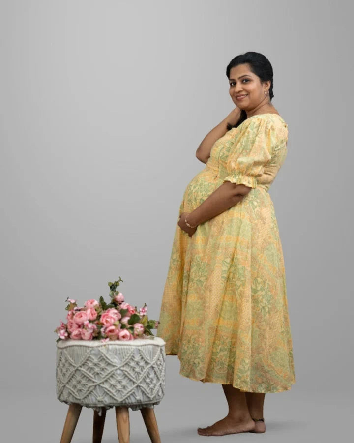 yellow-maternity-frock-with-floral-print-designer-yoke-and-zippers